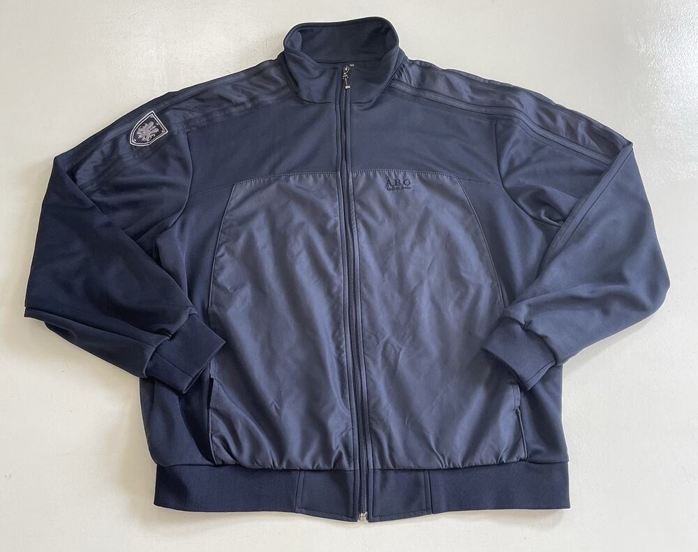 Navy Blue Track Jacket Lg Mens ABO SPORTS Full Zip Mock Neck Embroidered Crest